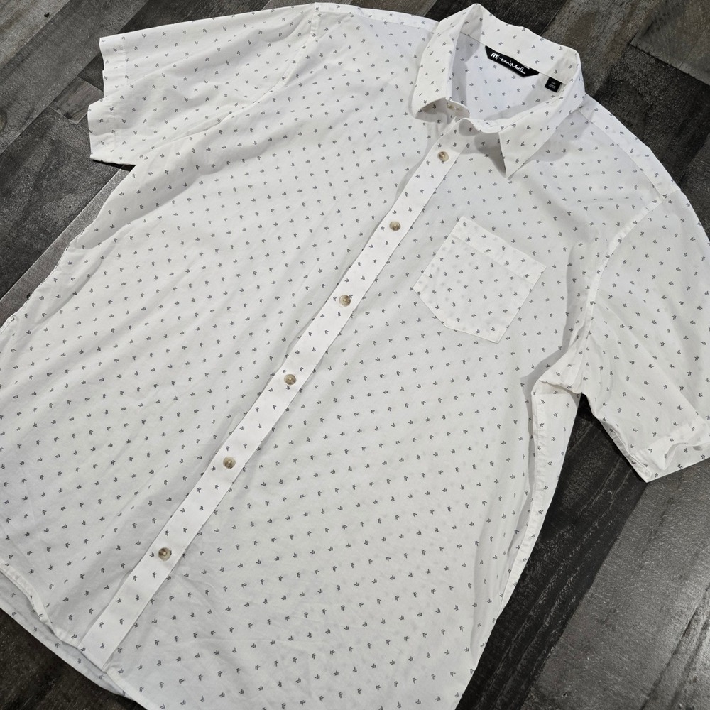 TravisMathew Mens XXL‎ White Geometric Micro Print Performance Shirt Button Up